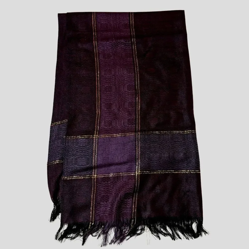 Purple Gold Woven Scarf Vintage Rectangle Scarf with Fringe Metallic 66 inch